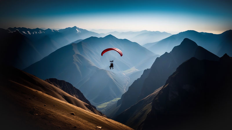 Paragleiter fliegt über Berge